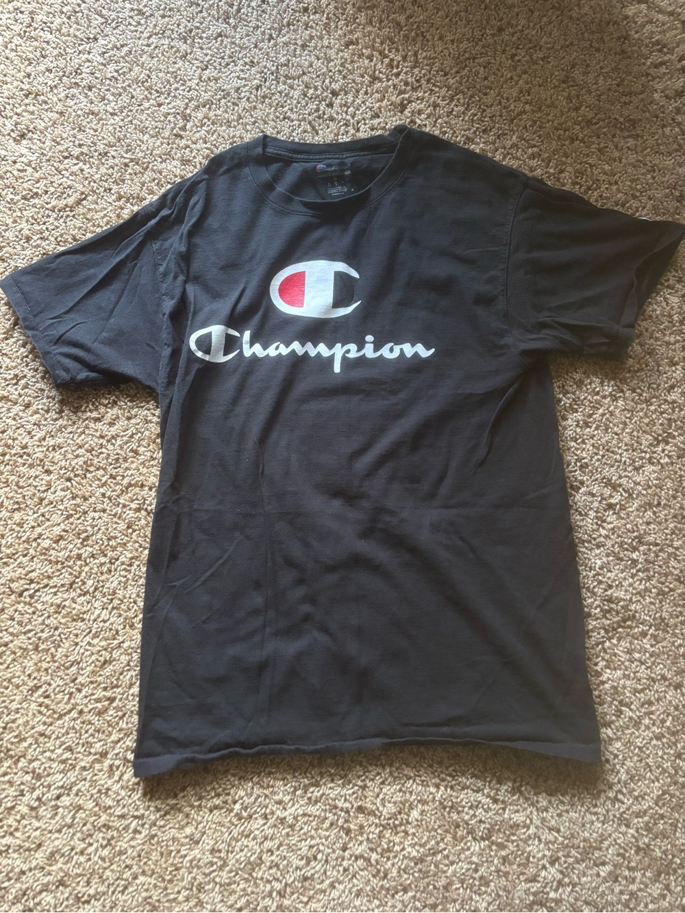 Champion Black T-Shirt with White and Red Logo